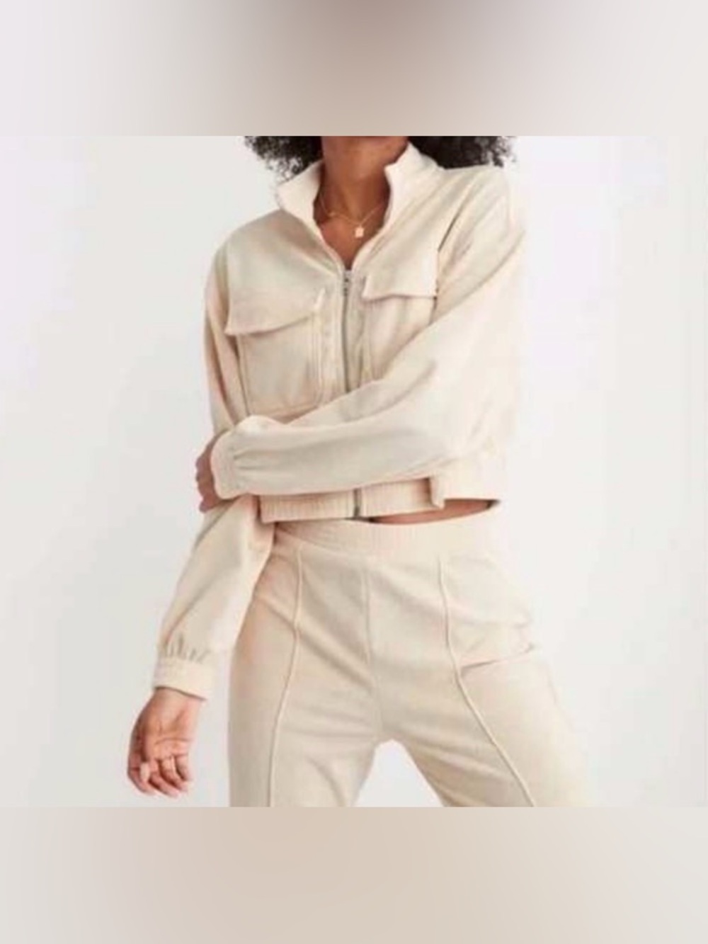 Aerie Cream Cropped Corduroy Zip Up Jacket XS Utility Mock Neck Fall Staple
